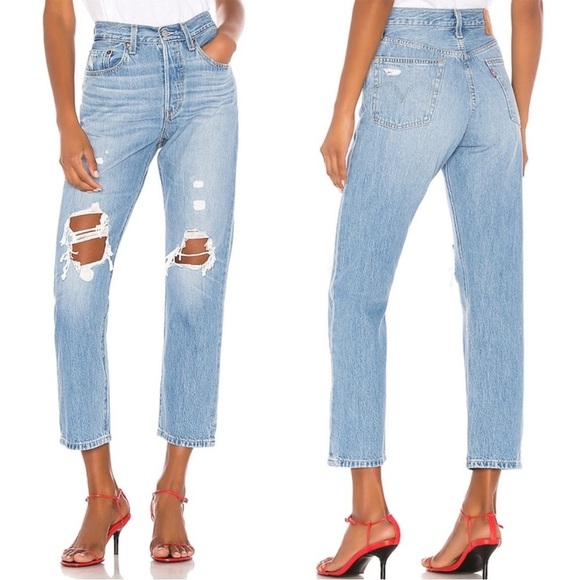 Levi's Pants - Levi's 501 Skinny Premium Light Wash Button Fly Straight Leg Distressed Denim 28